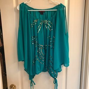Rock n Roll Cowgirl Flowy Teal & Gold Sequin Top!